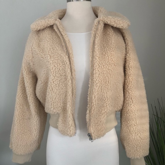 LAST 1 Beige Fluffy Teddy Cropped Bomber - Picture 4 of 4